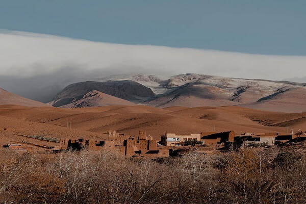 village in mountains and snow