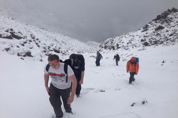 people walking in snow in atlas mountains