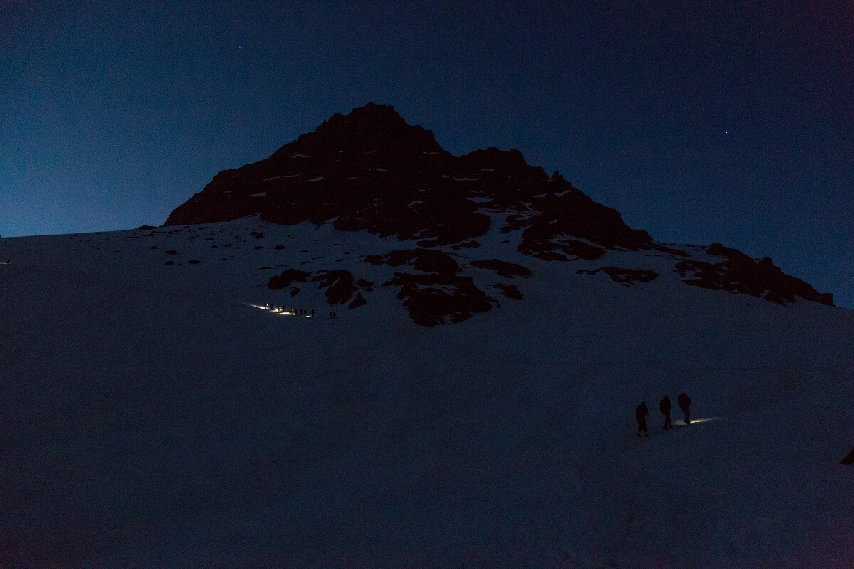 people walking on dark with with headlamp
